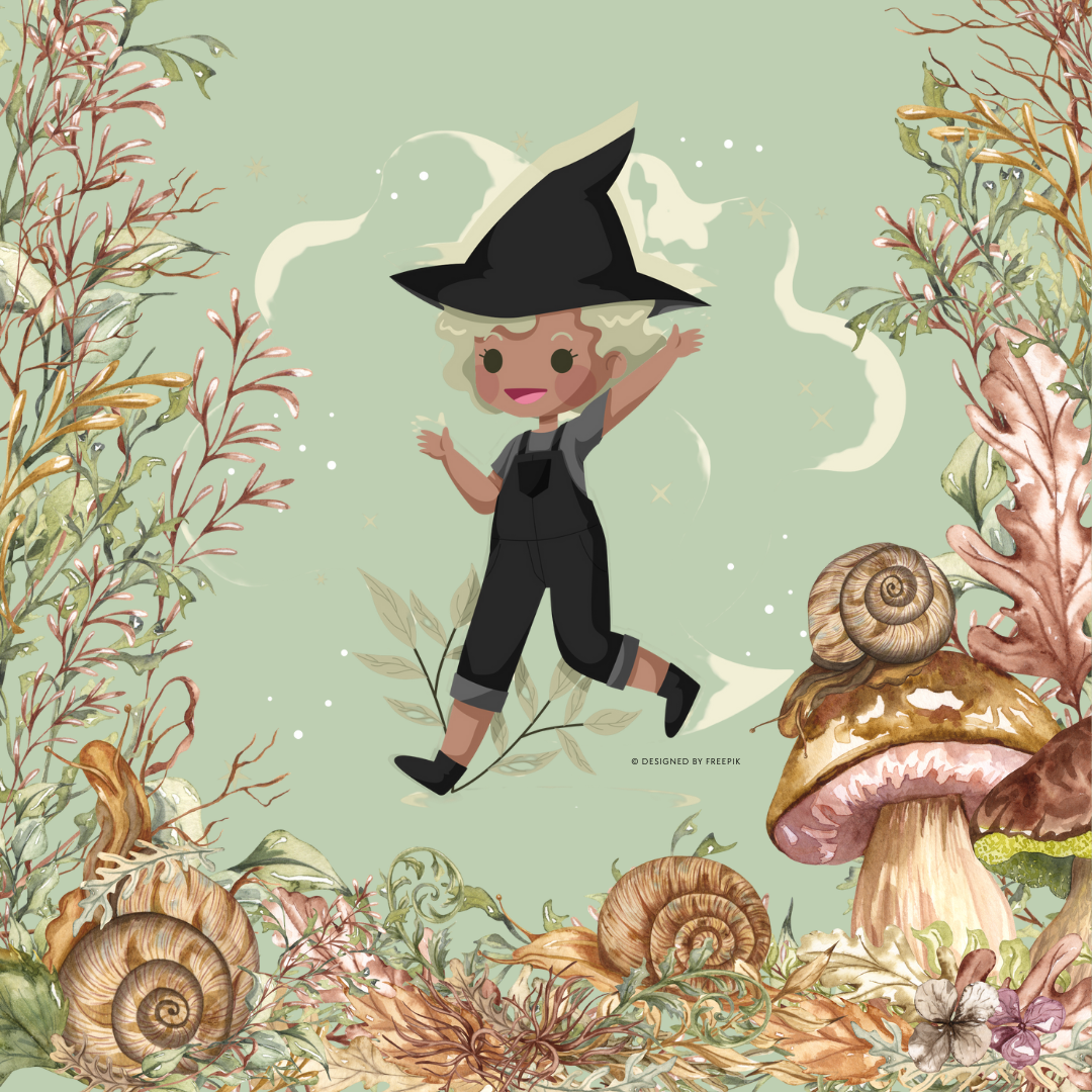Illustration via Canva du spectacle Hethel et la rencontre du petit peuple de la forêt, représentant une sorcière joyeuse entourée de lianes, de feuilles, de champignons et d'insectes